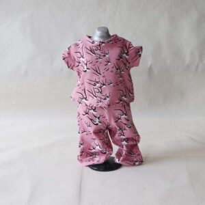 Poppenkleding broek + shirt (roze vogels)